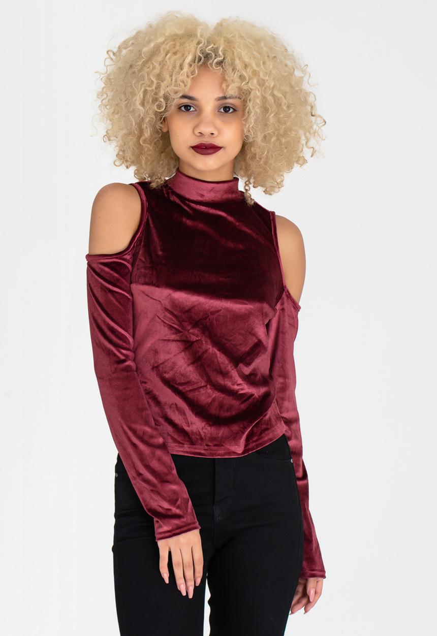 c(inch) - High Neck Cold Shoulder Top Burgundy