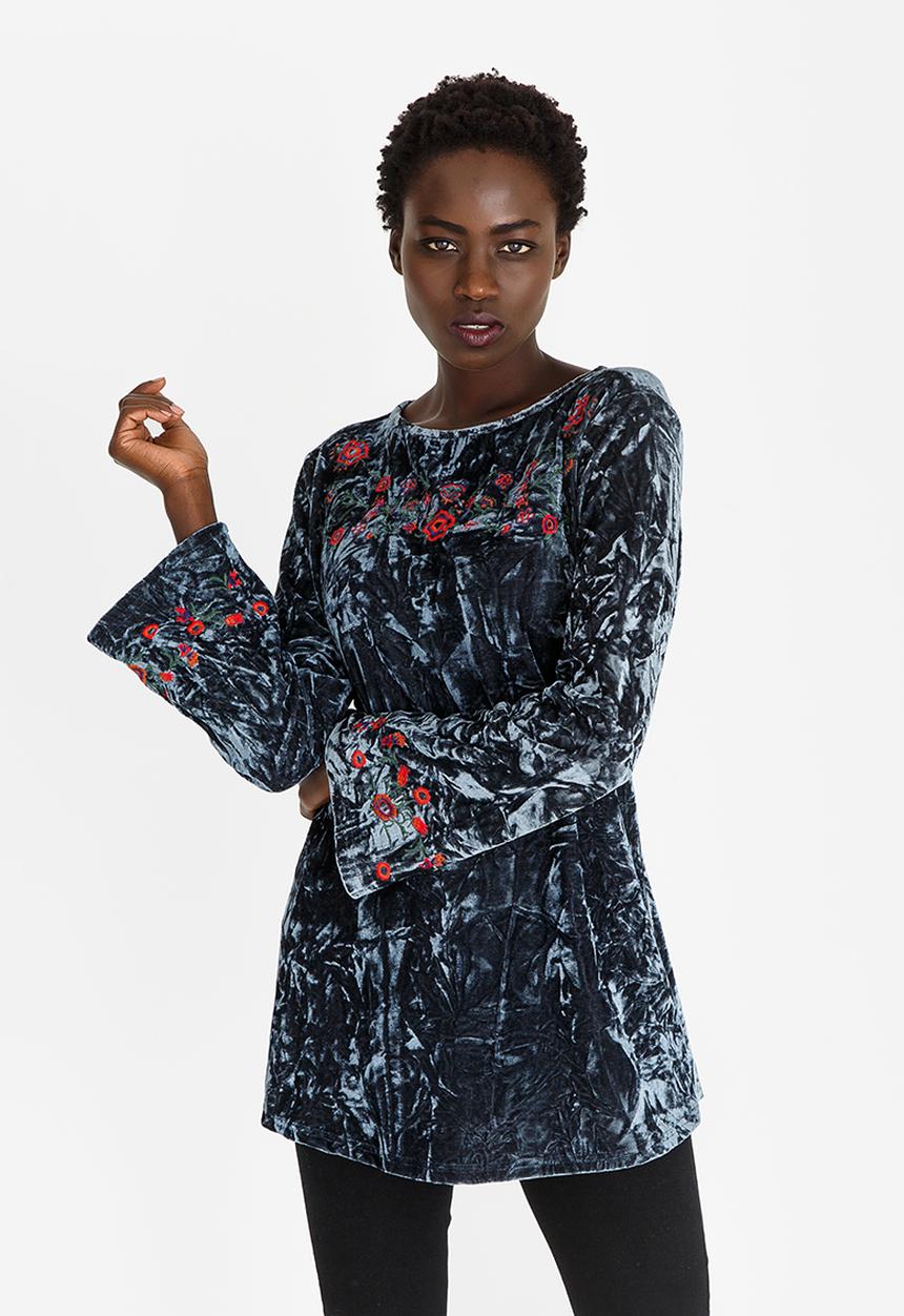G Couture - Crushed Velvet Embroidered Top Grey