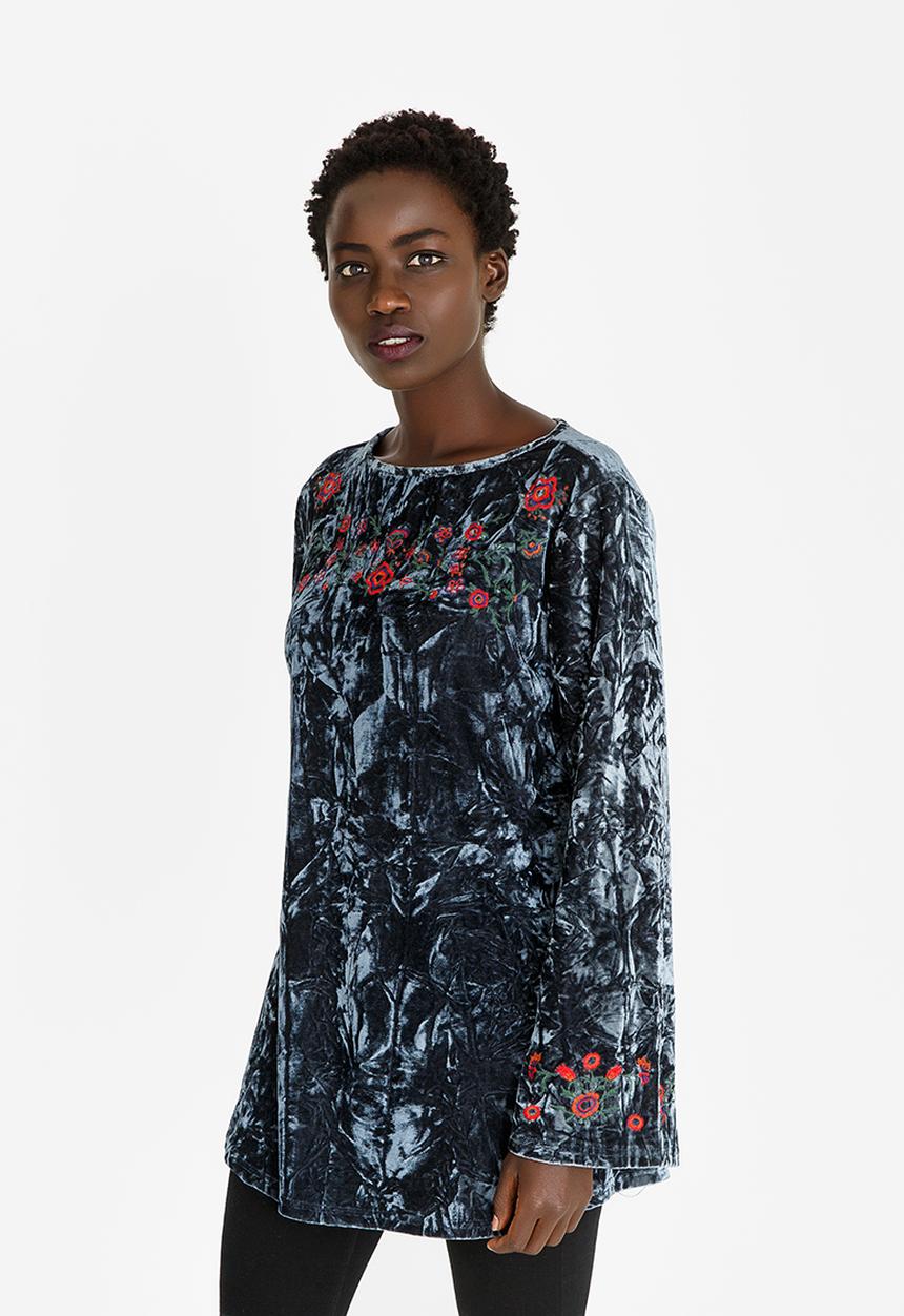 G Couture - Crushed Velvet Embroidered Top Grey