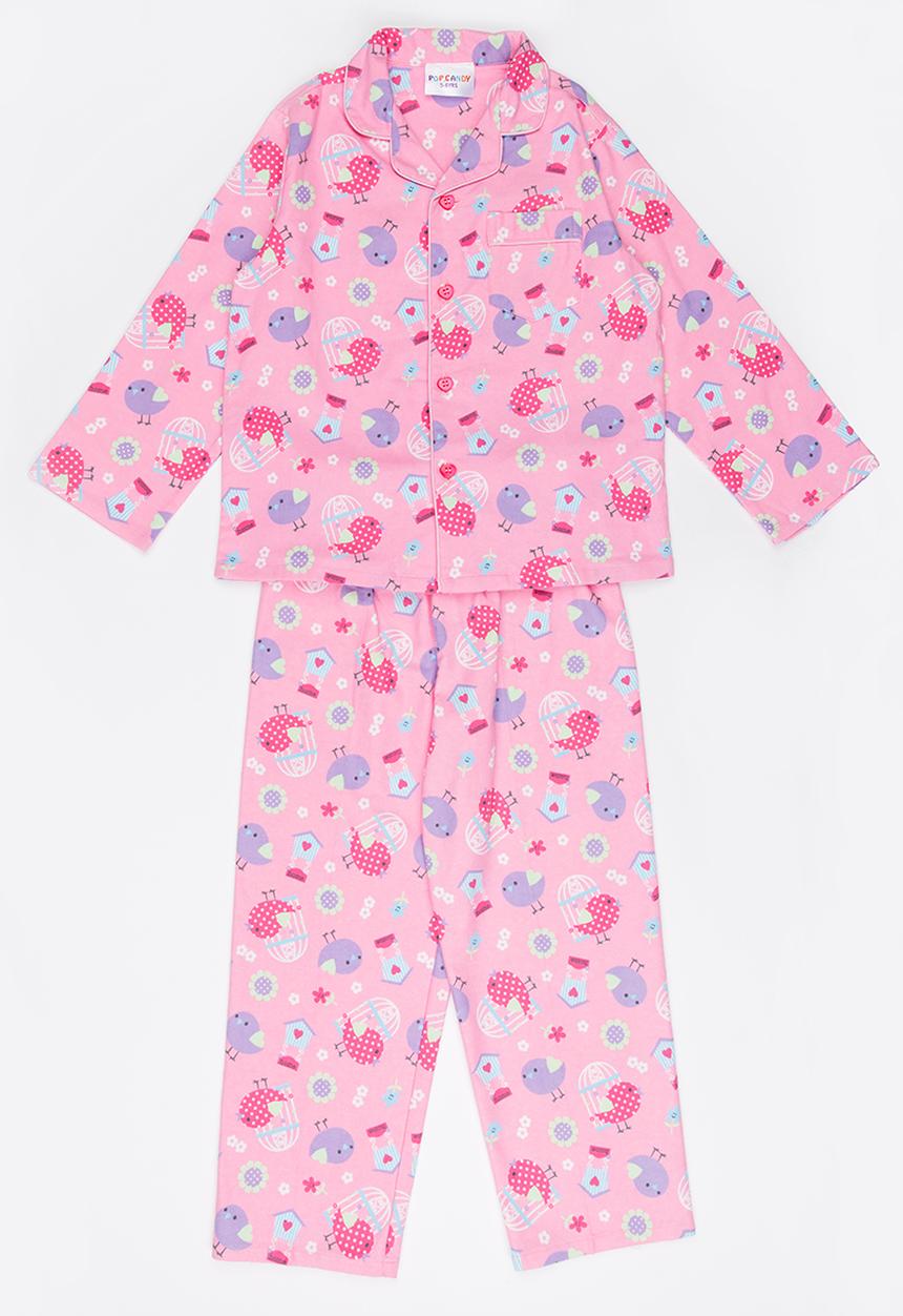 Pop Candy - Printed Birds Flannel PJ Set - Pale Pink