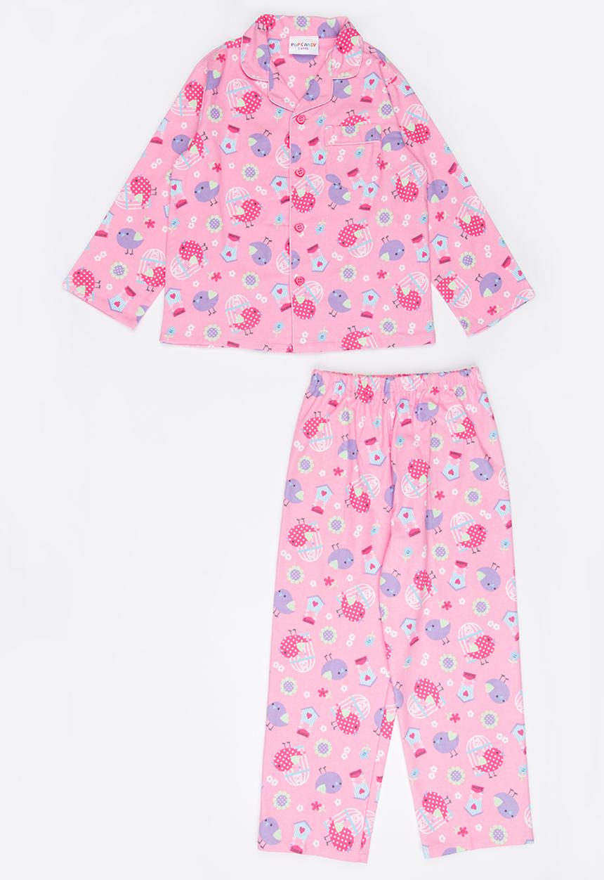 Pop Candy - Printed Birds Flannel PJ Set - Pale Pink