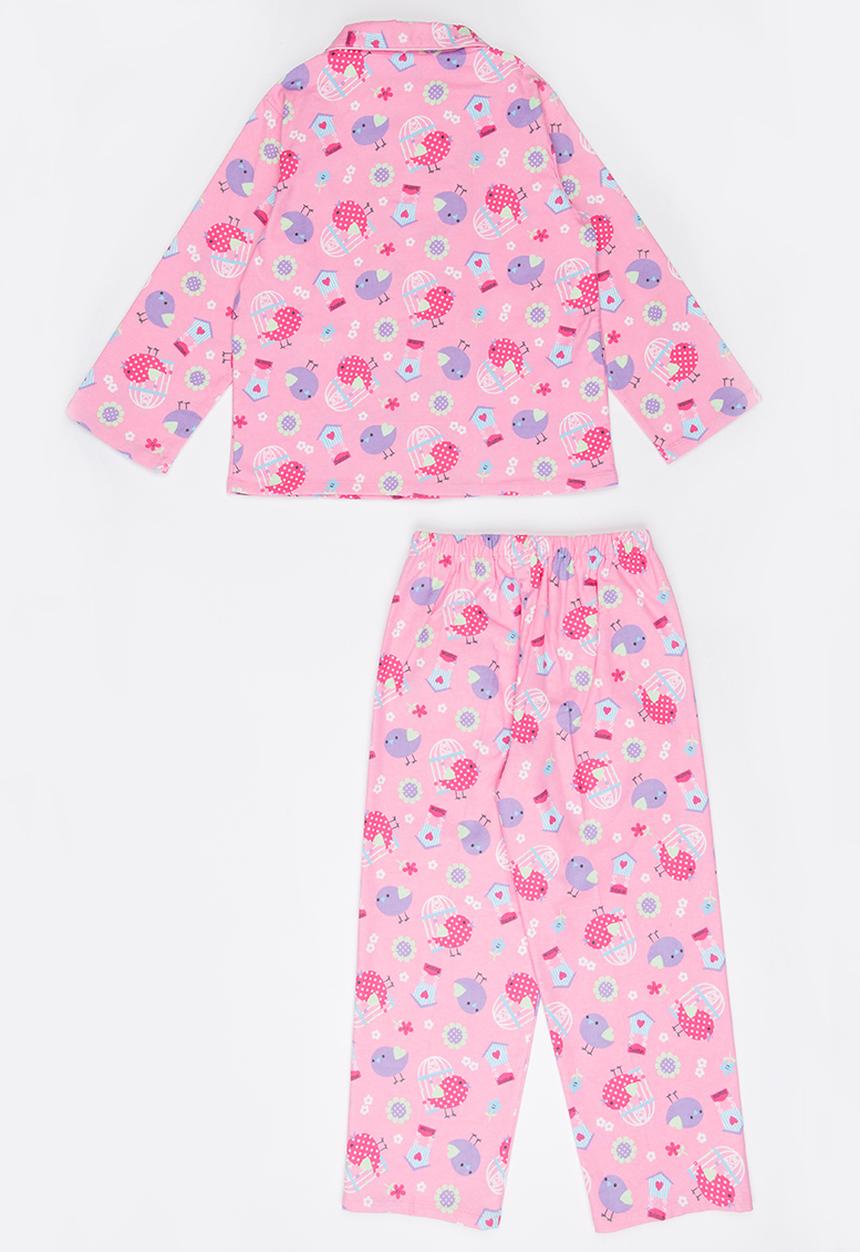 Pop Candy - Printed Birds Flannel PJ Set - Pale Pink