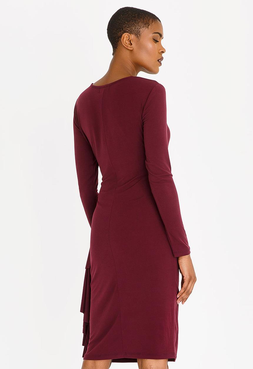 edit - Long Sleeve Wrap Over Dress with Frills - dark purple