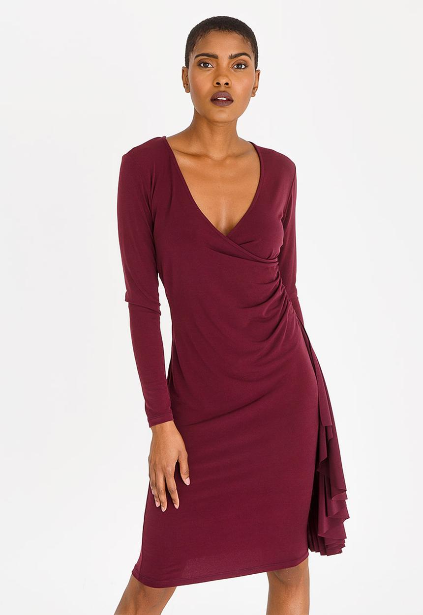 edit - Long Sleeve Wrap Over Dress with Frills - dark purple