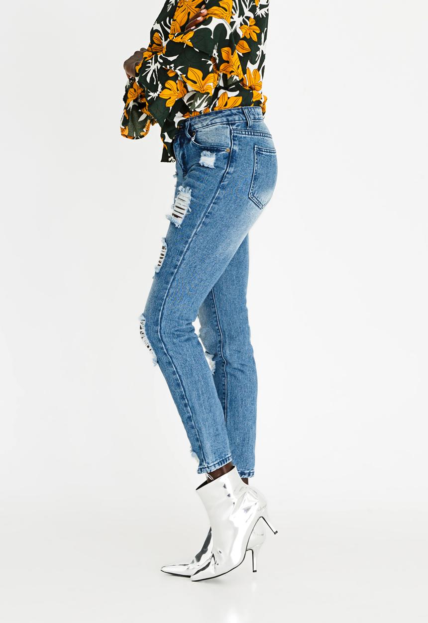 STYLE REPUBLIC - Rip & Repair Straight Leg Jeans Mid Blue