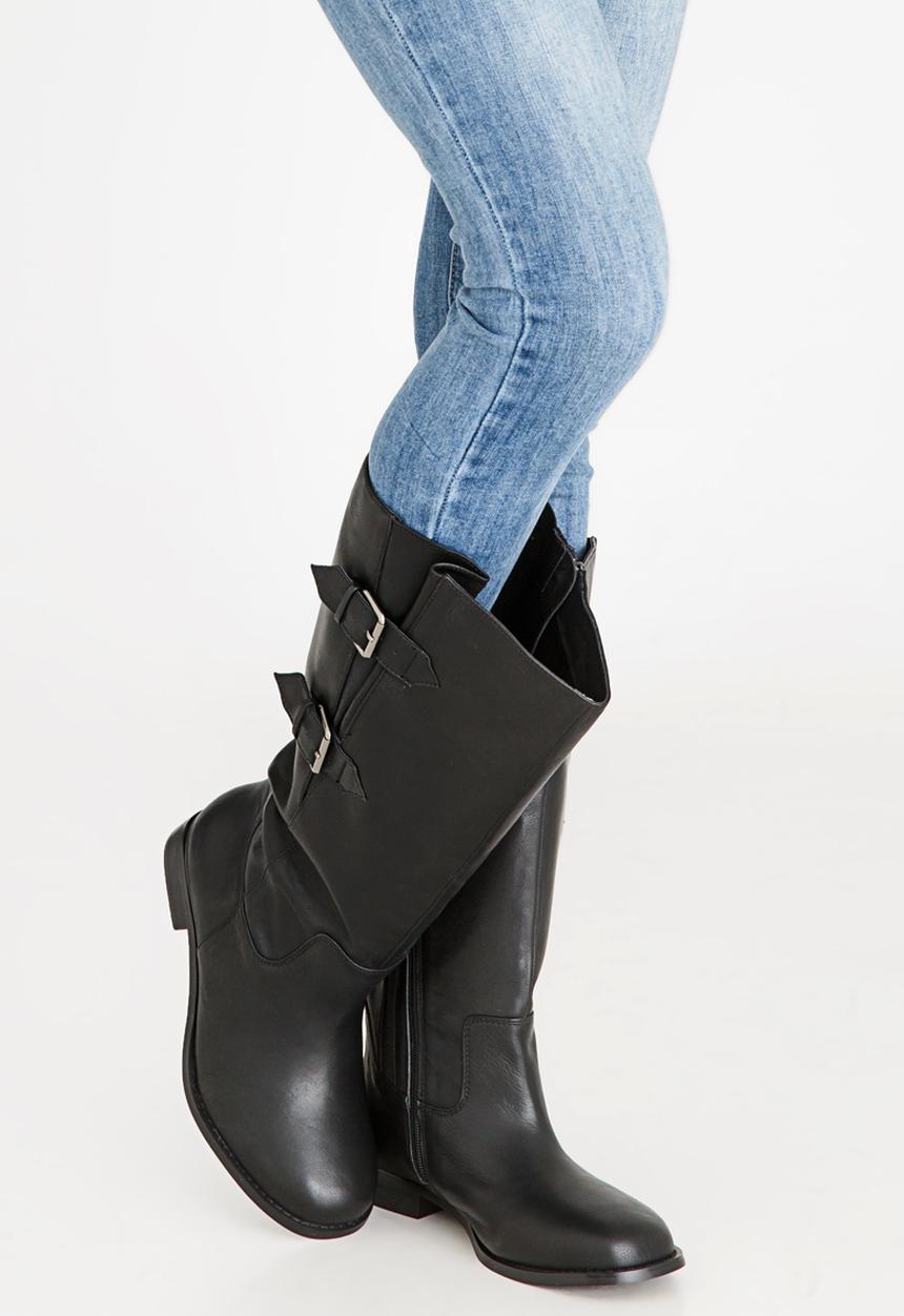 Julz - Leather Wider Calves Double Buckle Boots Black