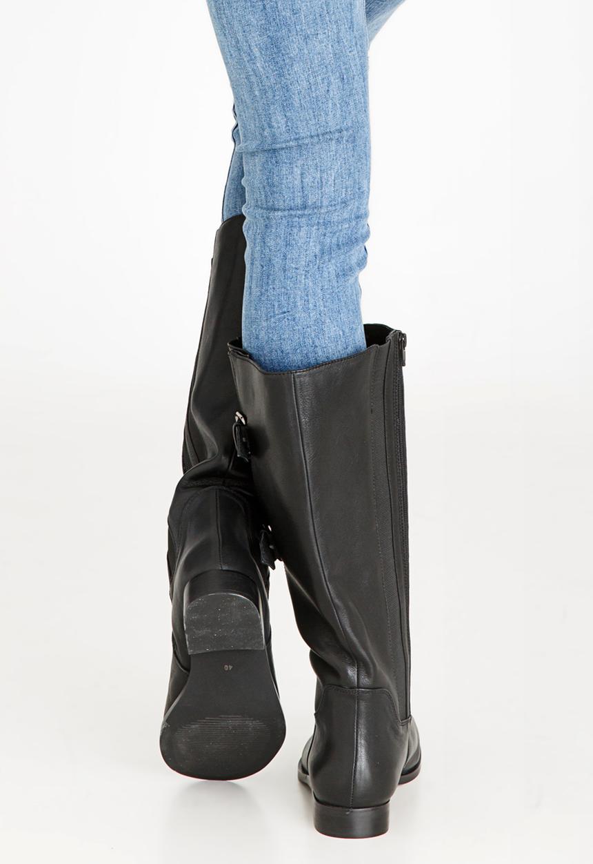 Julz - Leather Wider Calves Double Buckle Boots Black