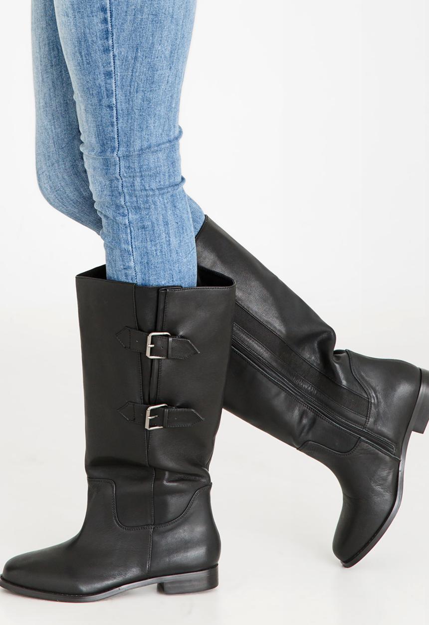 Julz - Leather Wider Calves Double Buckle Boots Black