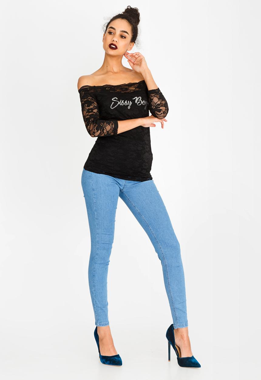 SISSY BOY - Bardot Top with Lace Detail Black
