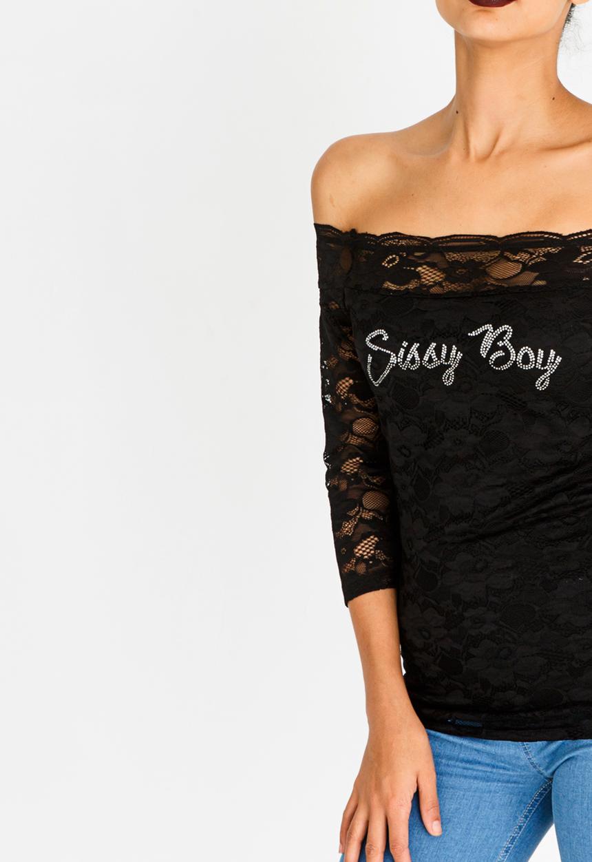 SISSY BOY - Bardot Top with Lace Detail Black