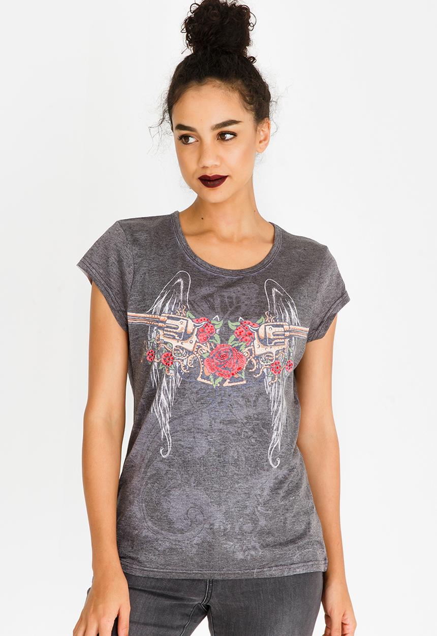 Brave Soul - Rose & Wings Diamante Tee Grey