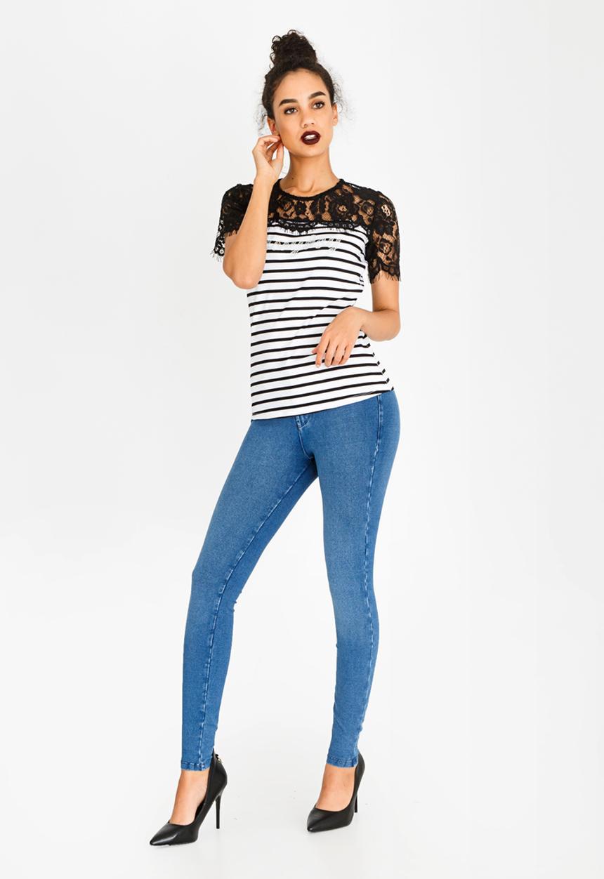 SISSY BOY - Stripe Lace Detail Top Black and White