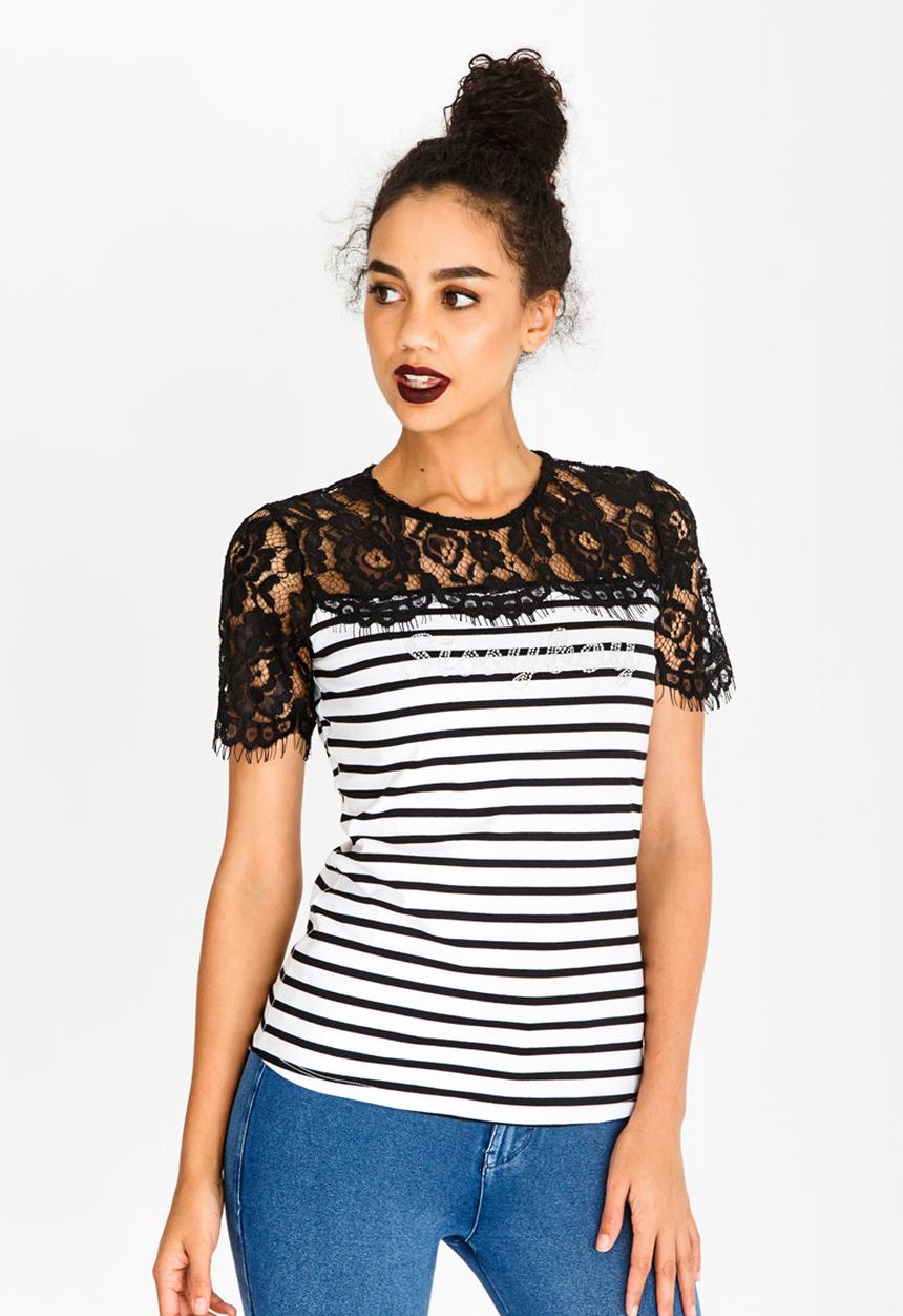 SISSY BOY - Stripe Lace Detail Top Black and White