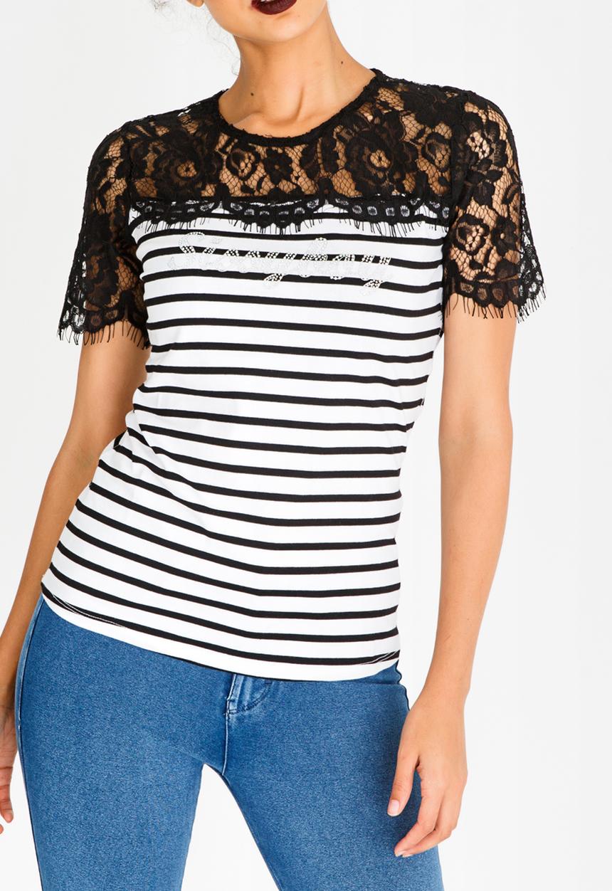 SISSY BOY - Stripe Lace Detail Top Black and White