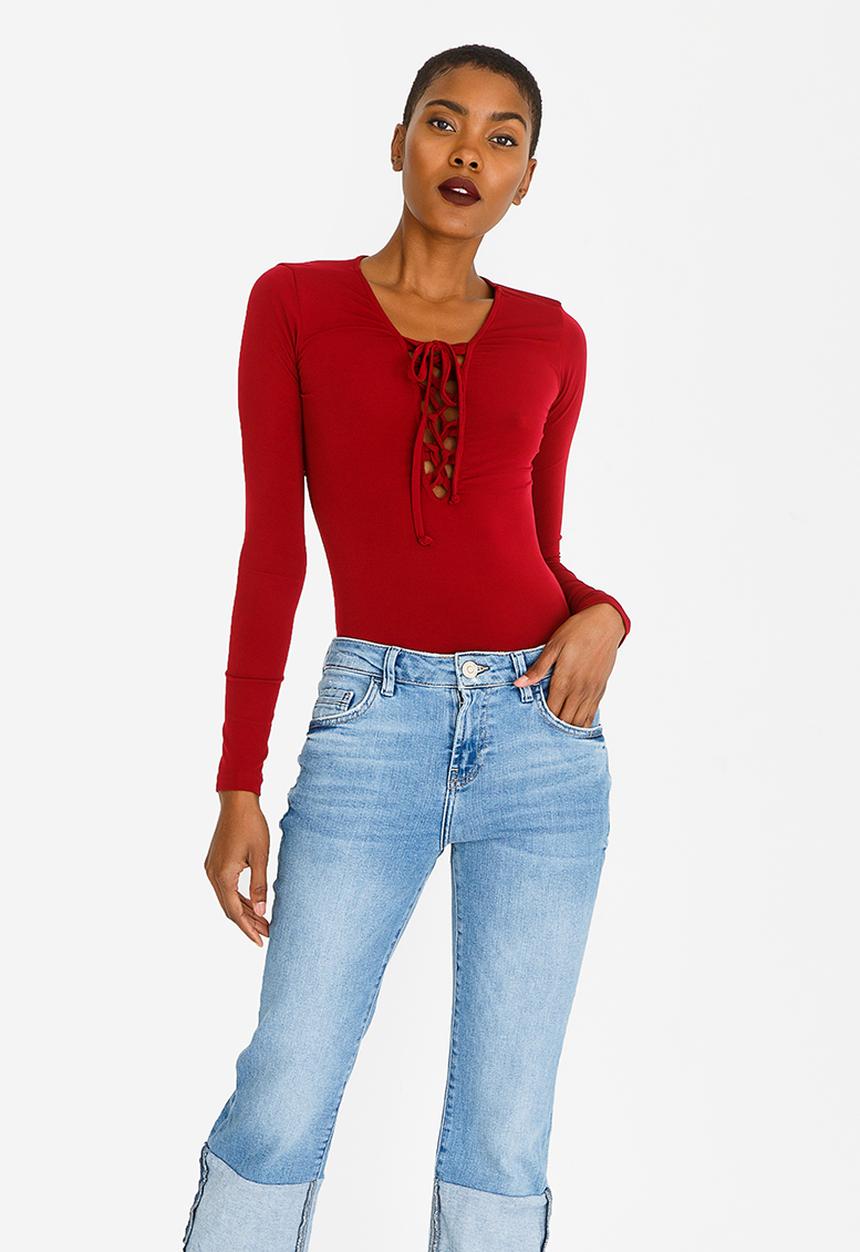 c(inch) - Lace-up Bodysuit Red