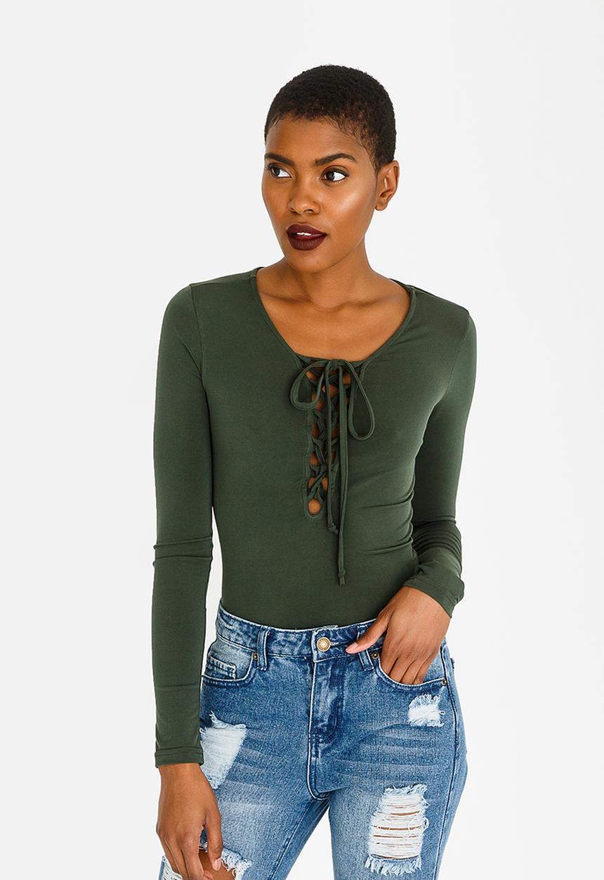 c(inch) - Lace-up Bodysuit Khaki Green
