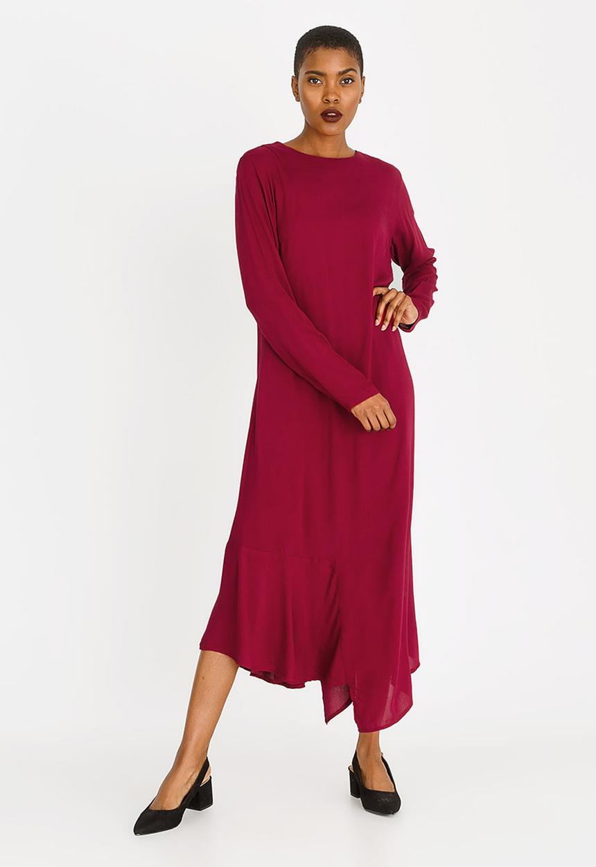 edit - Long sleeve asymmetric dress - red