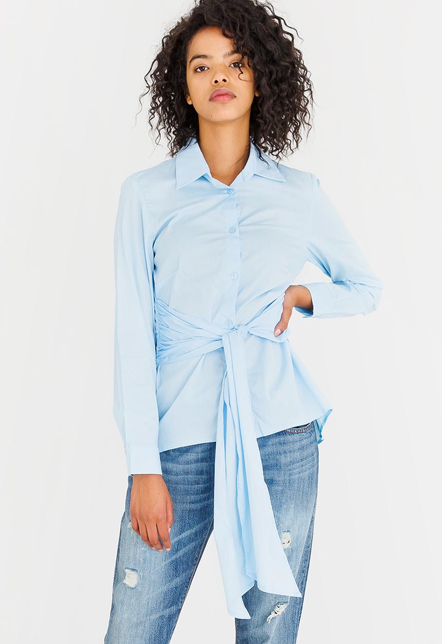 edit - Long-sleeve Button Down Shirt with Ties Pale Blue