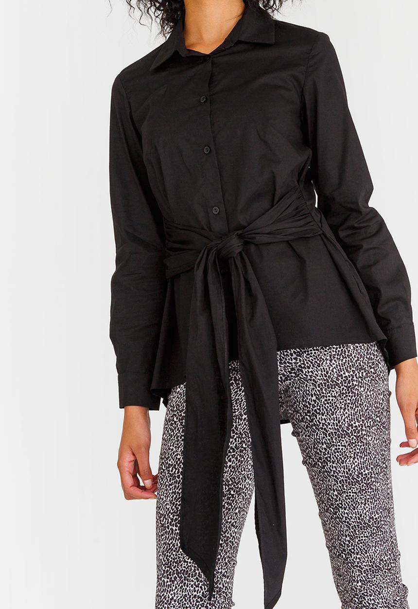 edit - Long-sleeve Button Down Shirt with Ties Black