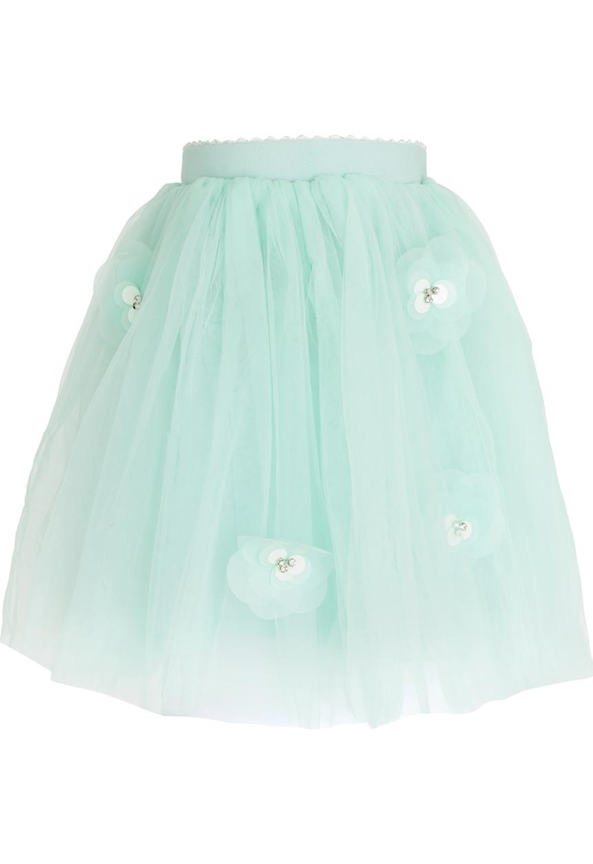 Pop Candy - Flower Embellished Mesh Skirt Mid Green
