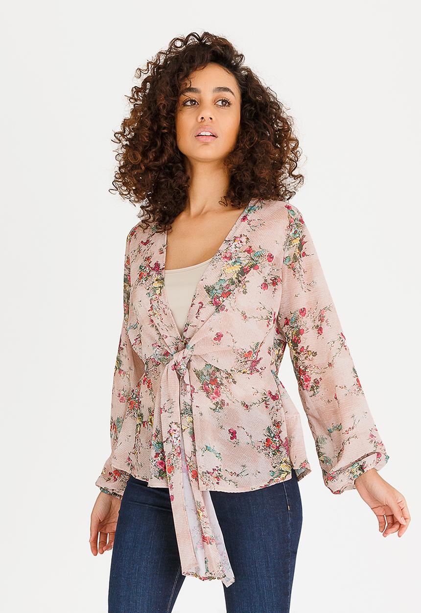 edit - Peplum Tie Front Blouse with Inner Cami Multi-colour
