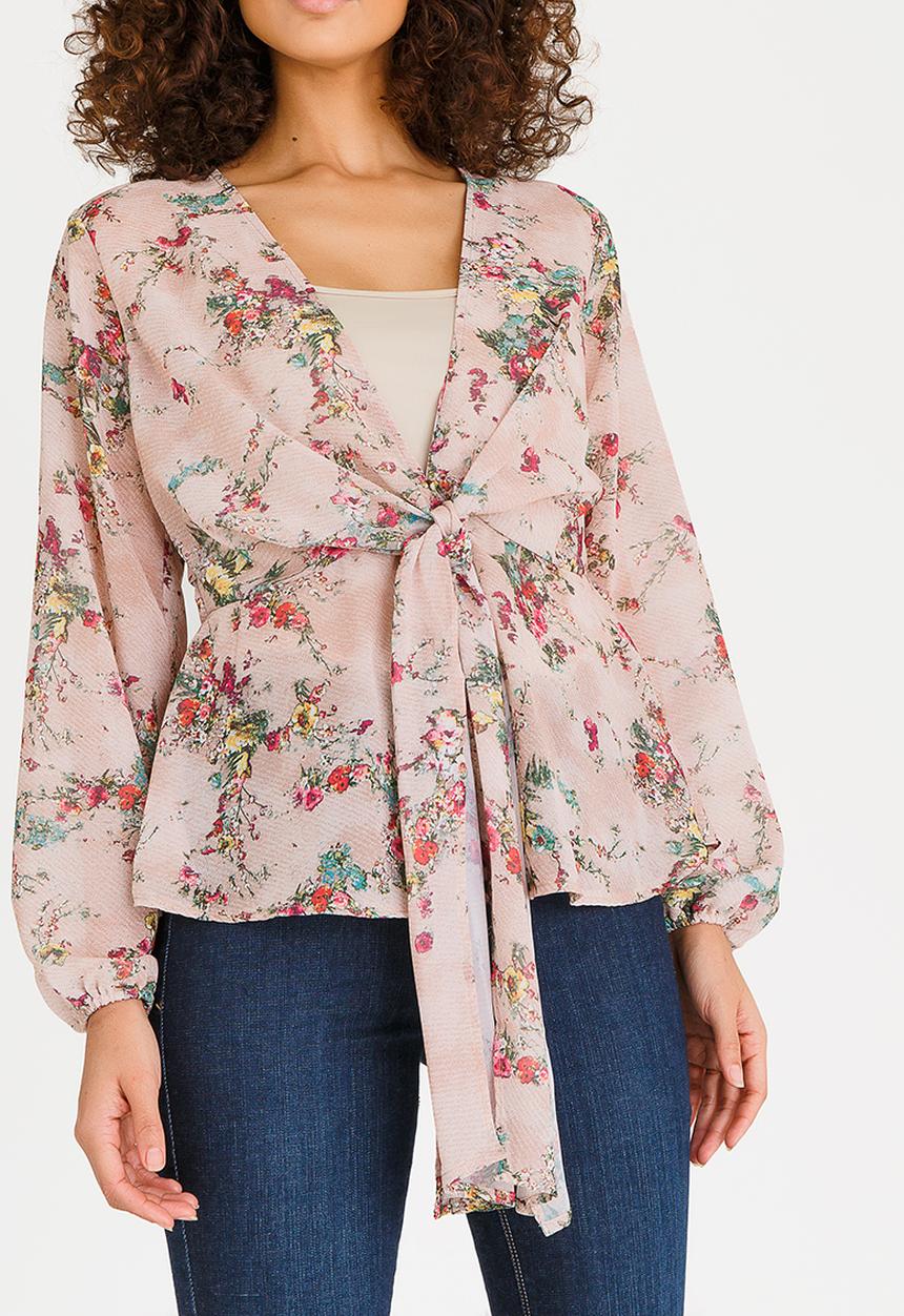edit - Peplum Tie Front Blouse with Inner Cami Multi-colour