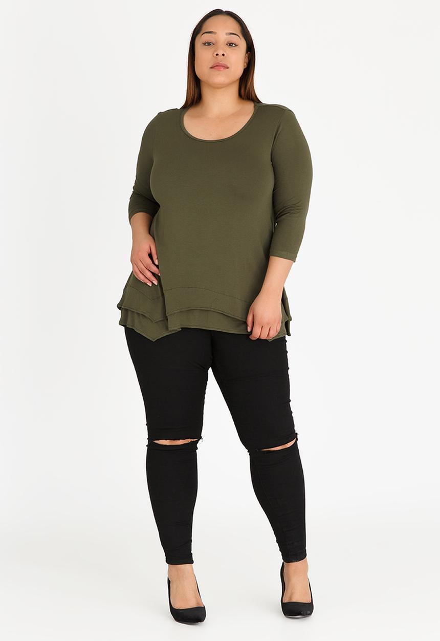 STYLE REPUBLIC PLUS - Double Layer Hanky Hem T-Shirt Khaki Green