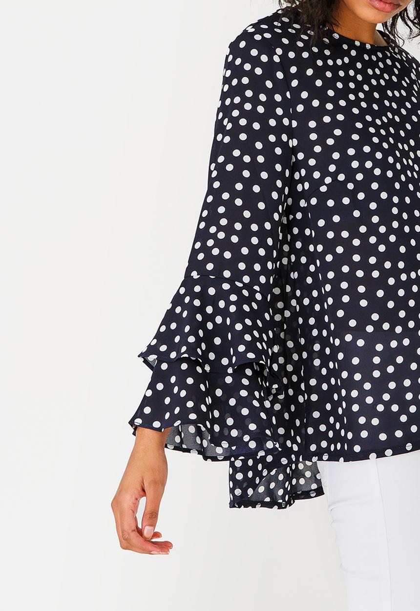 Revenge - Spotted Blouse with Ruffle Sleeves Navy