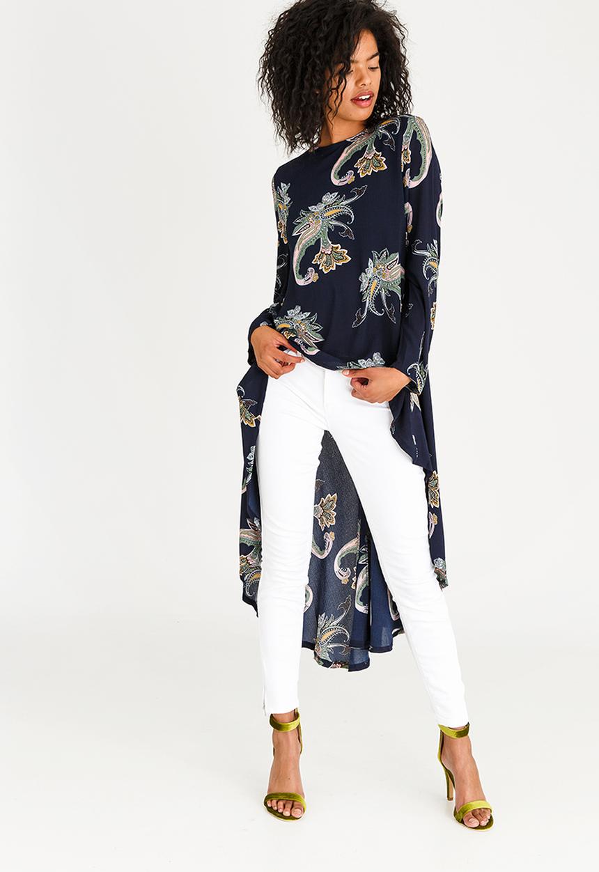 Revenge - Patterned Dip Hem Tunic Top Navy