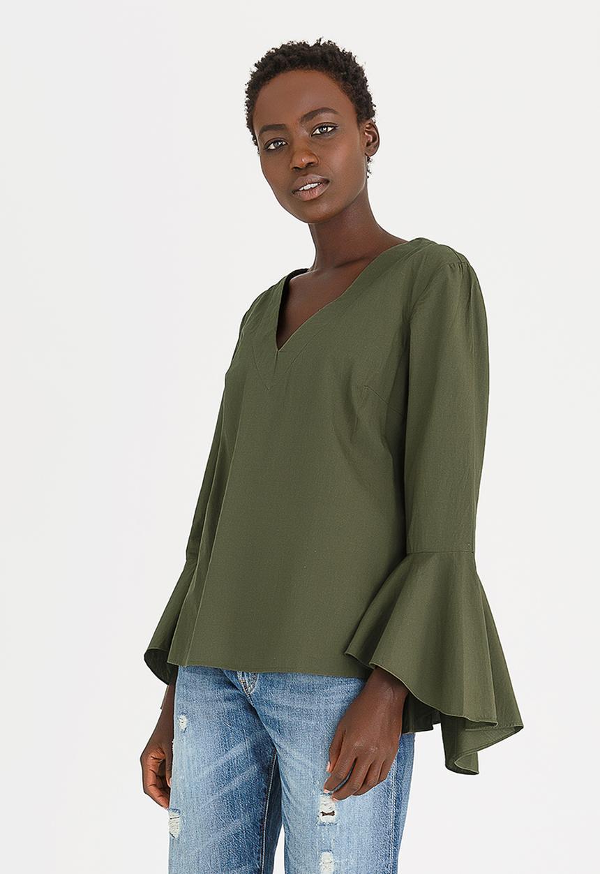 Vero Moda - Poppy Flare Sleeve Top Khaki Green