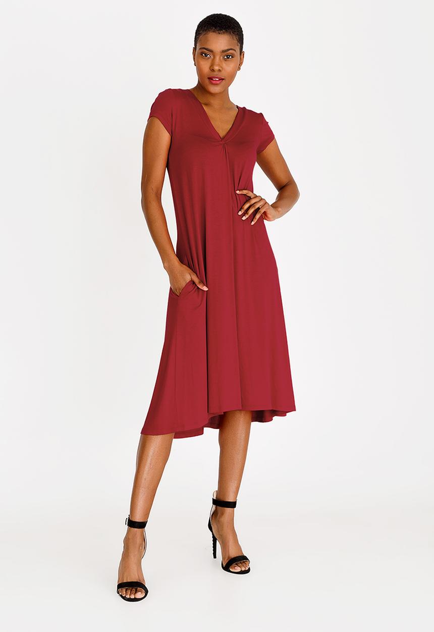 edit - V-neck knot front detail dress - red