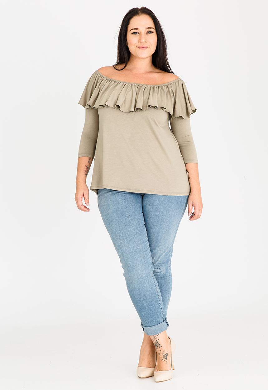 STYLE REPUBLIC PLUS - Bardot Top with Frill Khaki Green