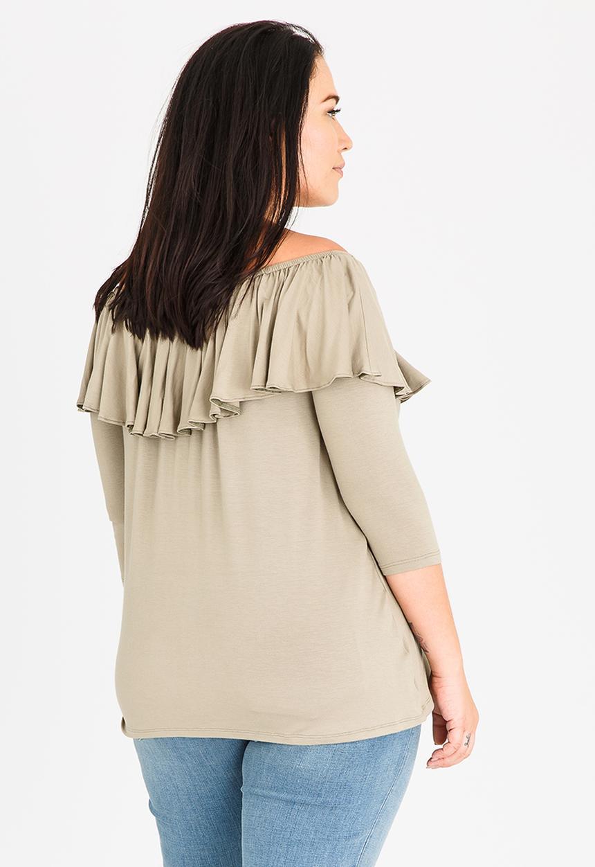 STYLE REPUBLIC PLUS - Bardot Top with Frill Khaki Green