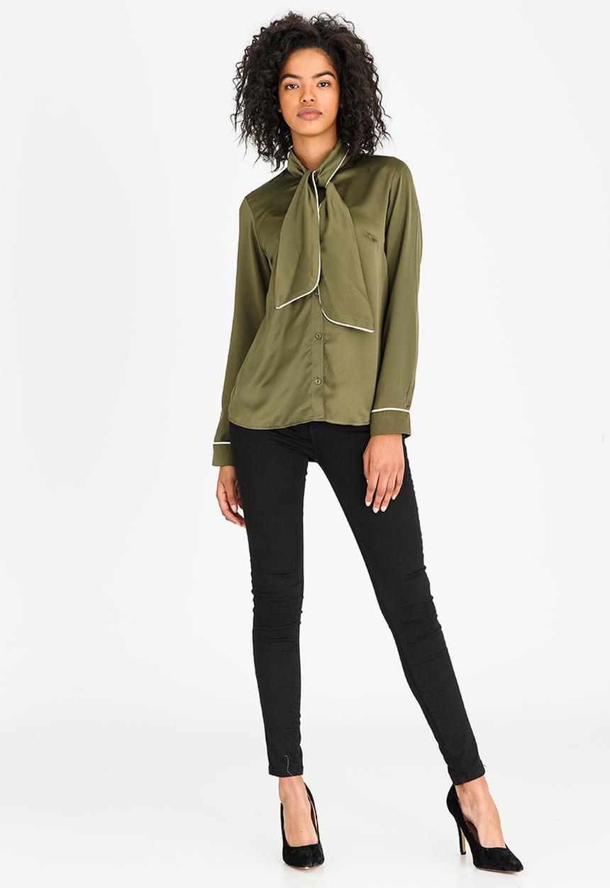 edit - Kitty Bow Blouse with Piping Detail Khaki Green
