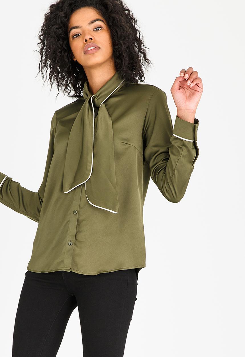 edit - Kitty Bow Blouse with Piping Detail Khaki Green