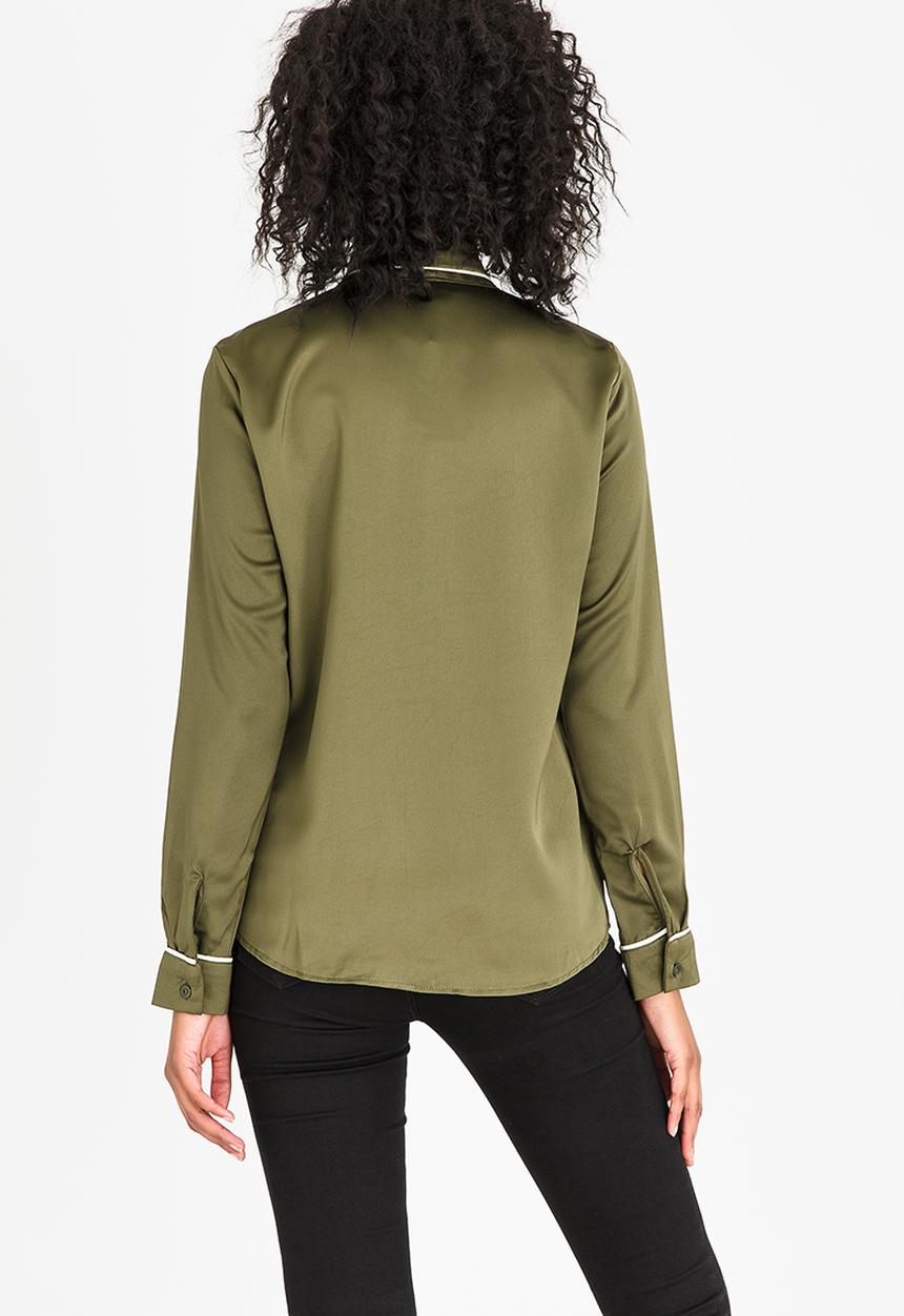 edit - Kitty Bow Blouse with Piping Detail Khaki Green