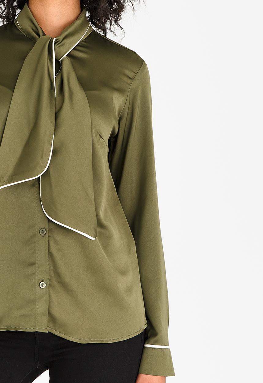 edit - Kitty Bow Blouse with Piping Detail Khaki Green