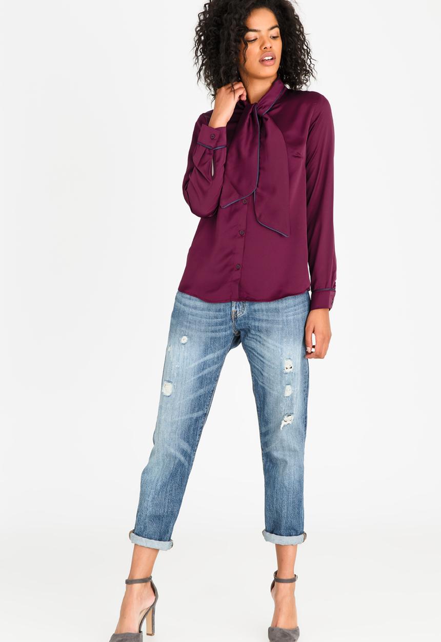 edit - Kitty Bow Blouse with Piping Detail Burgundy