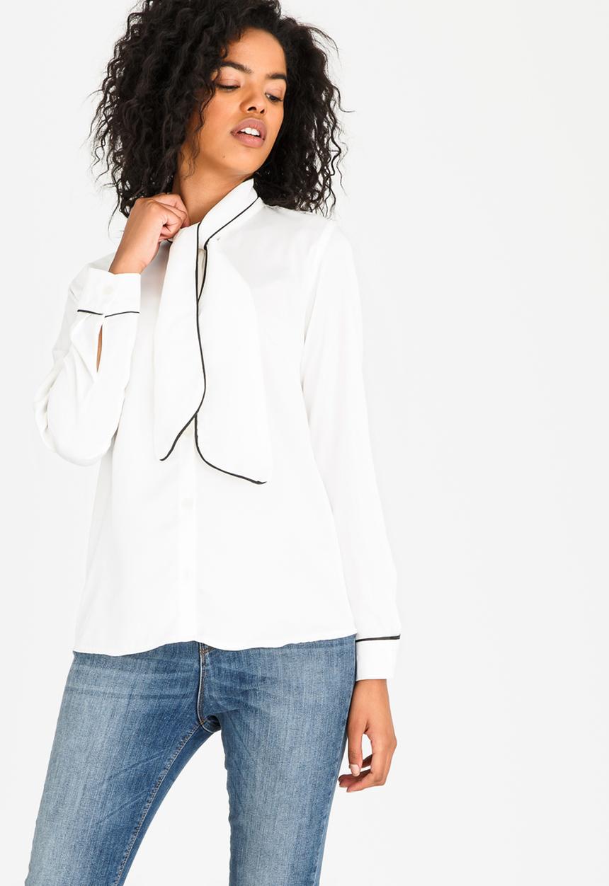 edit - Kitty Bow Blouse with Piping Detail Cream