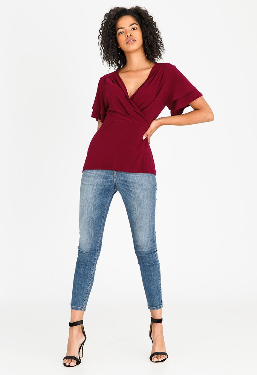 edit - Wrap-over Peplum Blouse Burgundy