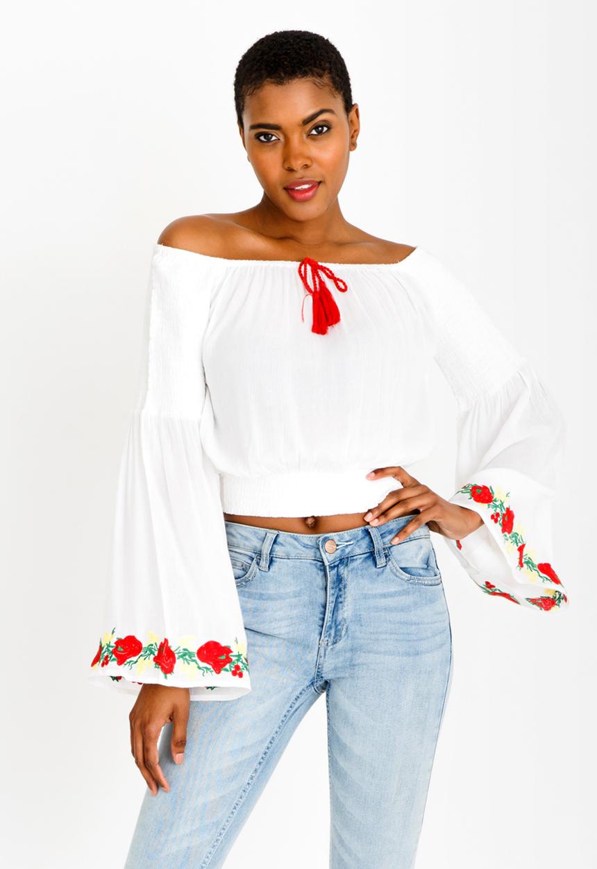 Brave Soul - Embroidered Sleeve Top Cream