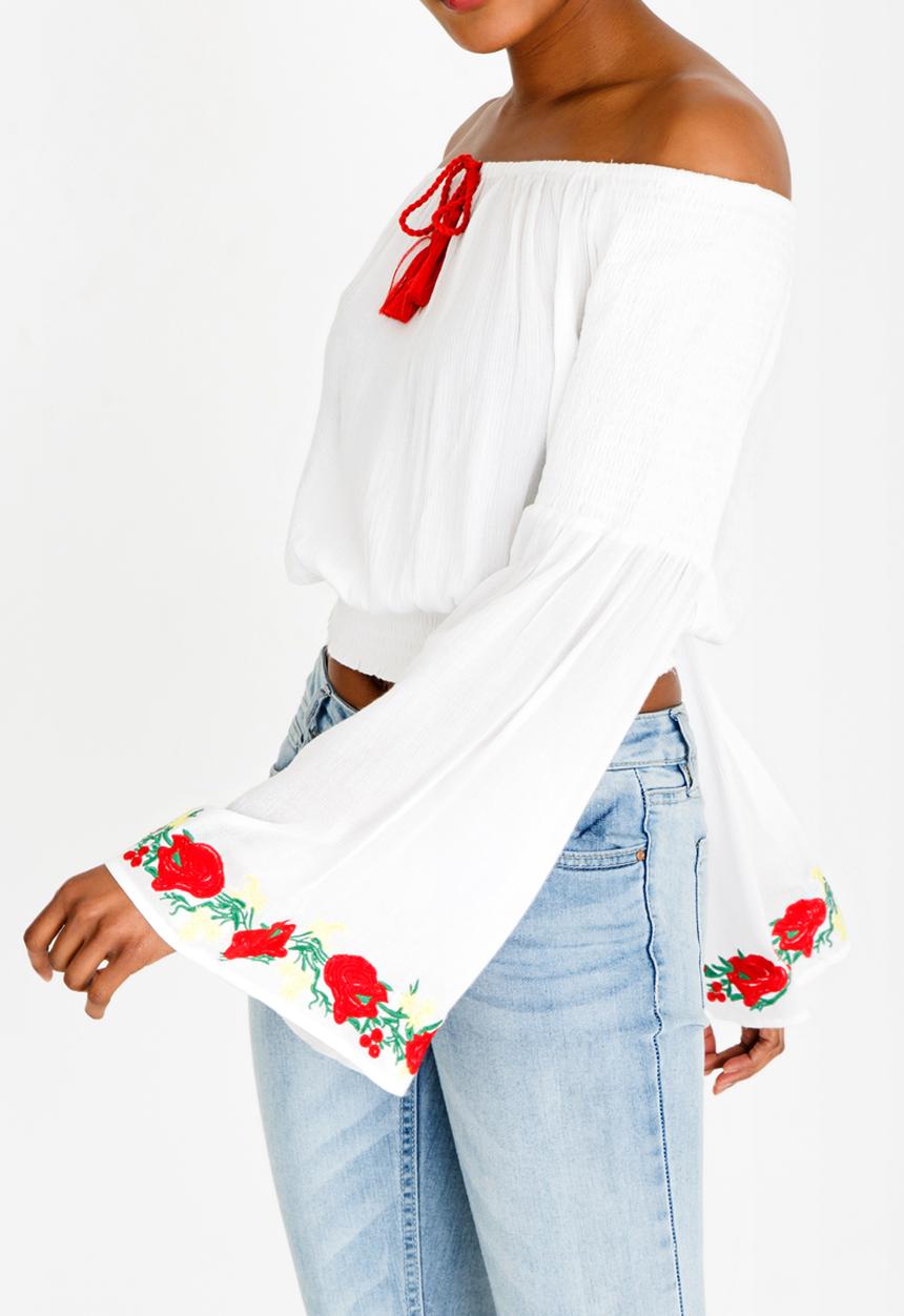 Brave Soul - Embroidered Sleeve Top Cream