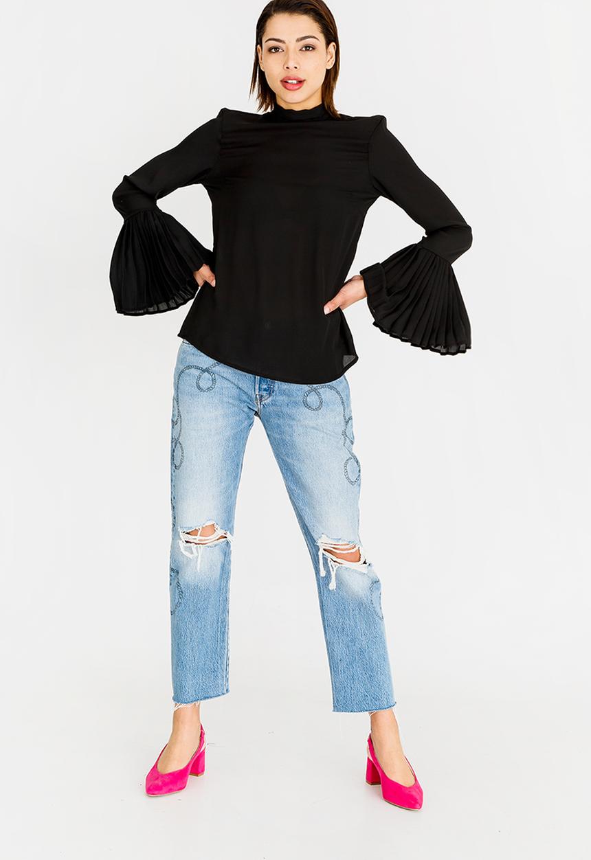 STYLE REPUBLIC - Pleated Bell Sleeve Blouse Black