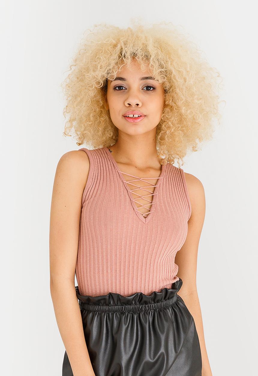 c(inch) - Ribbed Lace Up Top Pale Pink