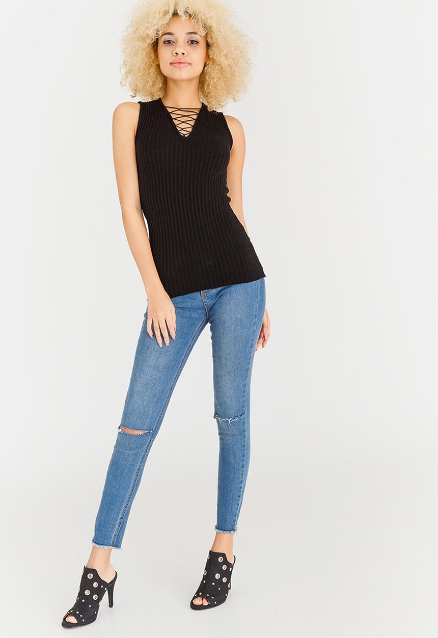 c(inch) - Ribbed Lace Up Top Black