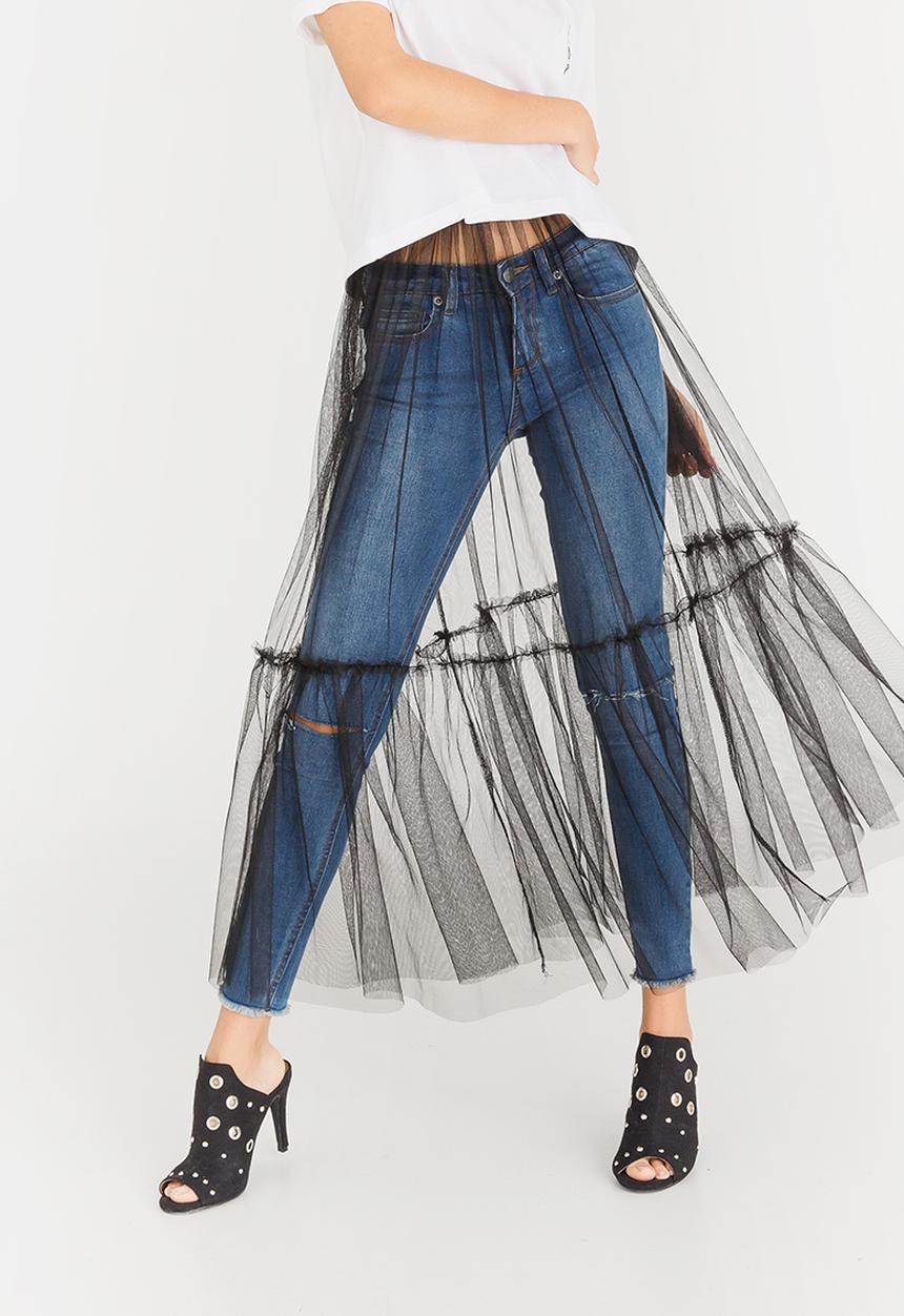 c(inch) - Tiered Mesh Overlay Skirt Black