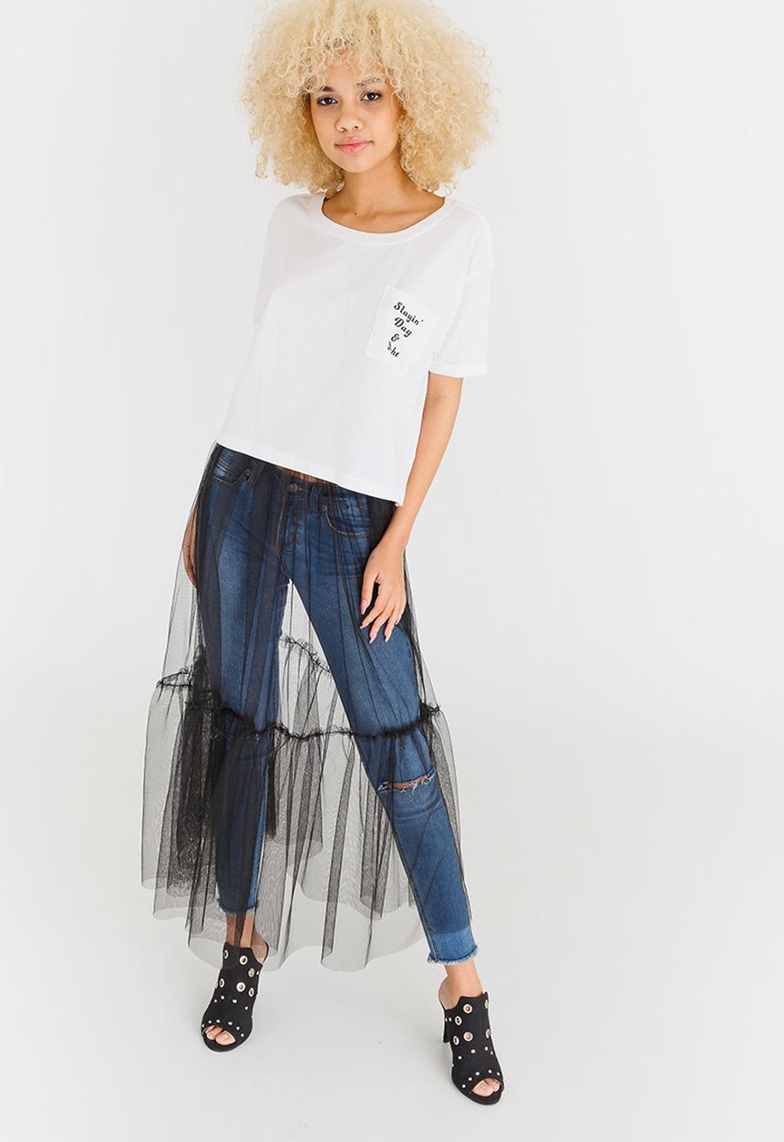 c(inch) - Tiered Mesh Overlay Skirt Black