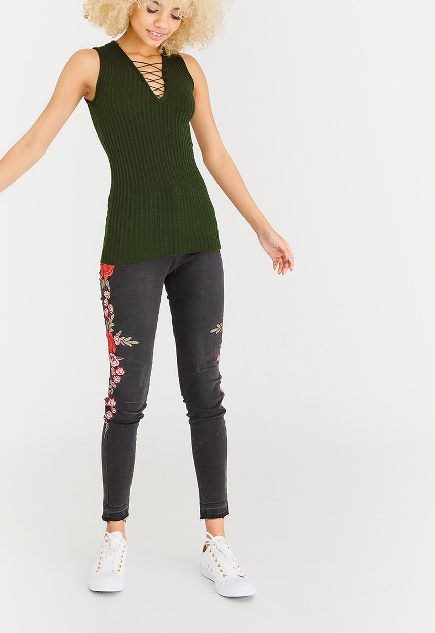c(inch) - Ribbed Lace Up Top Dark Green