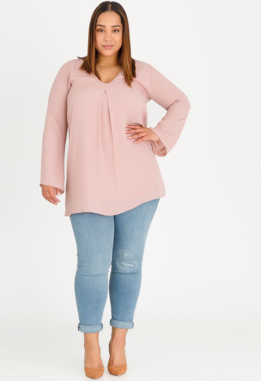 edit Plus - Inverted Pleat Tunic with V Neck Pale Pink