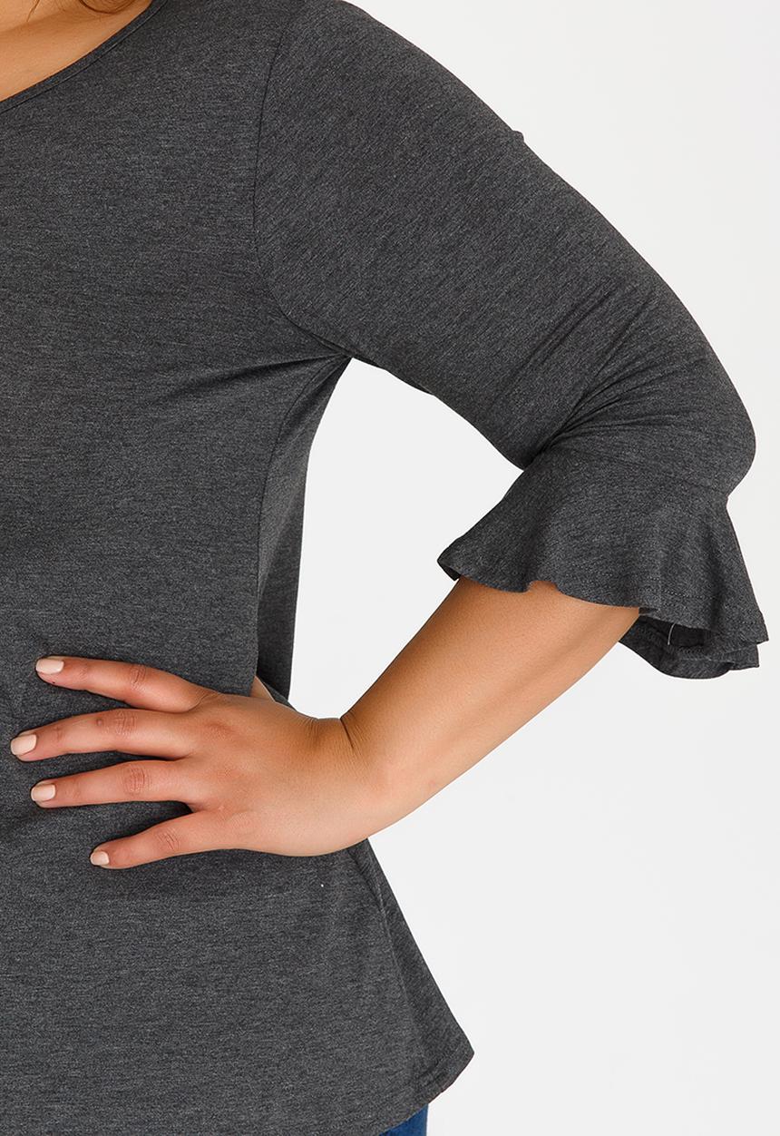 edit Plus - 3/4 Sleeve Frill T-Shirt Dark Grey